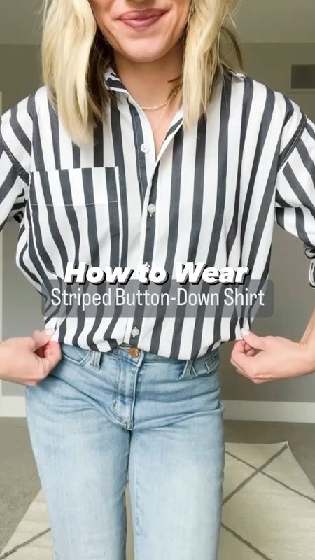 How to wear a striped button-down shirt! I am loving this striped button down shirt from Target! It has a long oversized fit! It runs big so size down if you need to! I’m wearing an XSMALL. It’s currently 20% off! 

#LTKunder50 #LTKsalealert #LTKFind