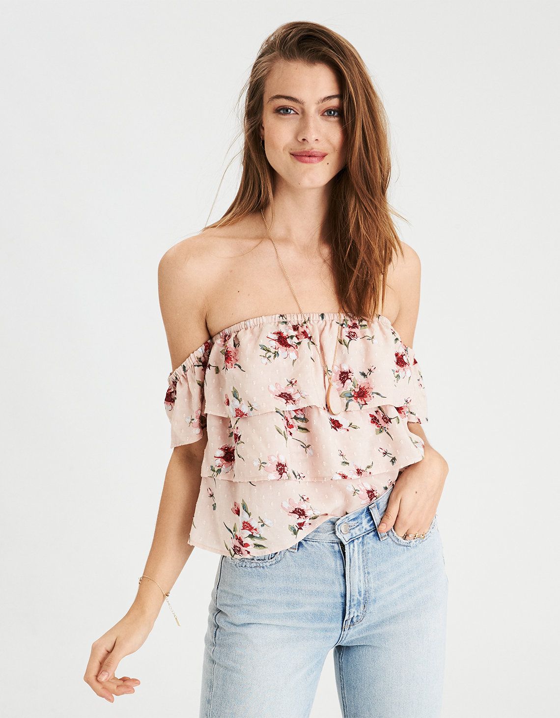 AE Three Tier Off-The-Shoulder Top, Light Pink | American Eagle Outfitters (US & CA)