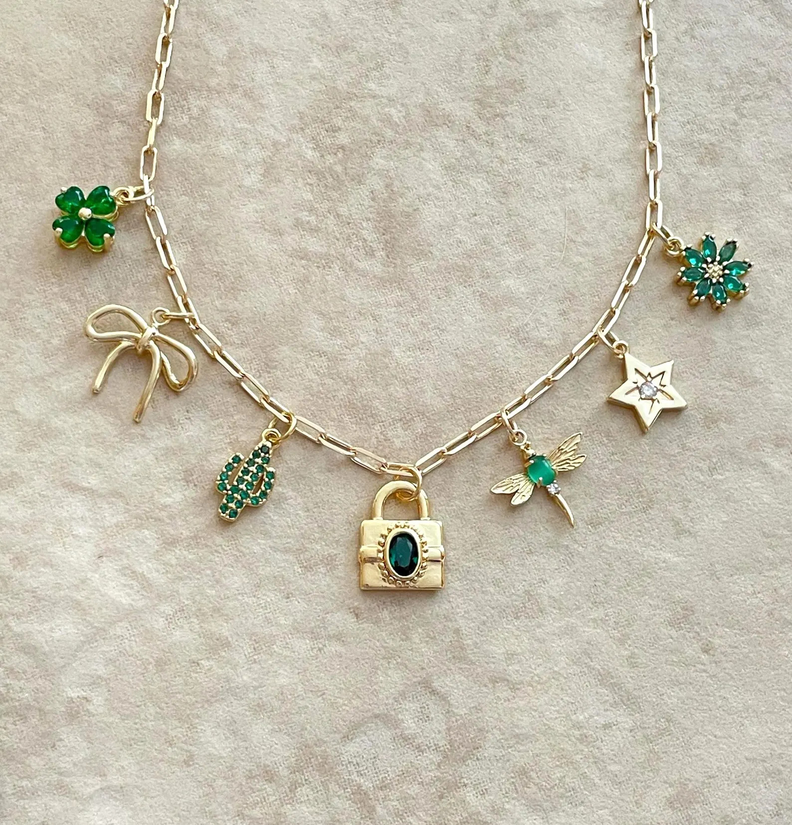 Dainty Multi Charm Necklace, green and gold charm necklace, 4 leaf clover, flower, bow, saguaro c... | Etsy (US)