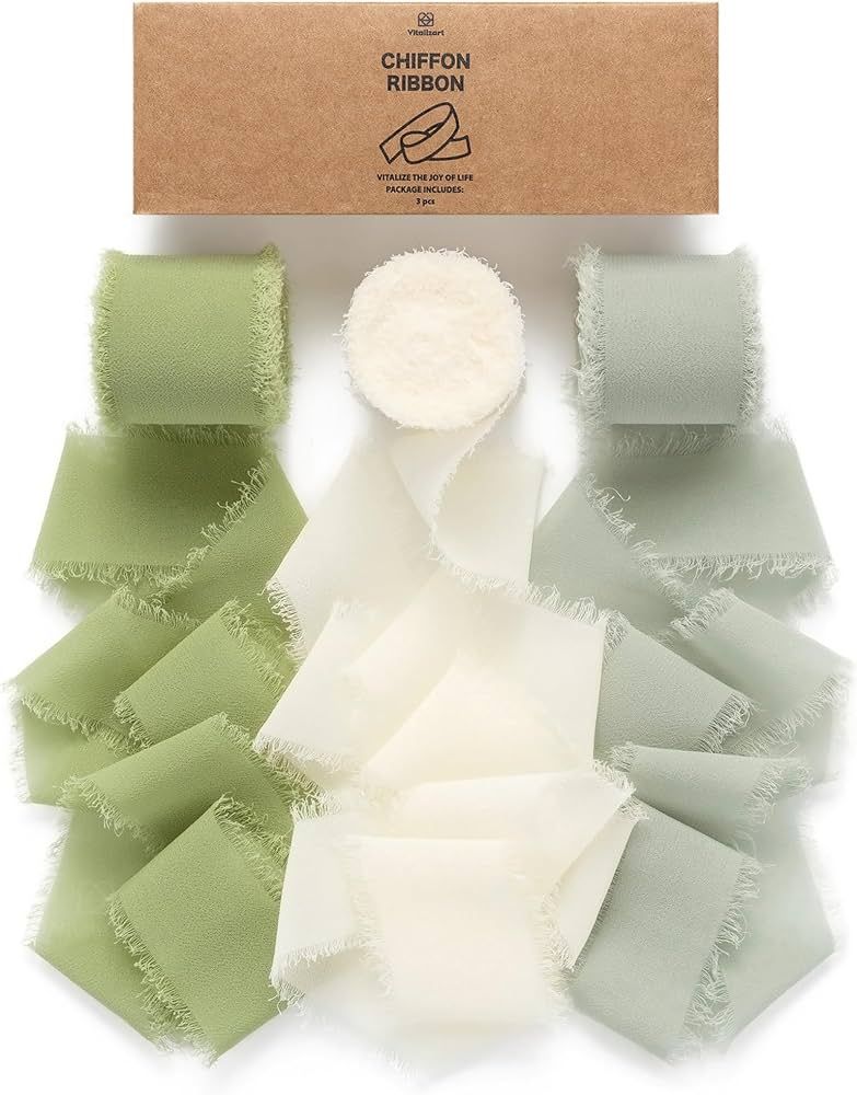 Vitalizart 3 Rolls Handmade Fringe Chiffon Silk Ribbon 1.5" x 7Yd Green & Cream Ribbons Set for W... | Amazon (US)