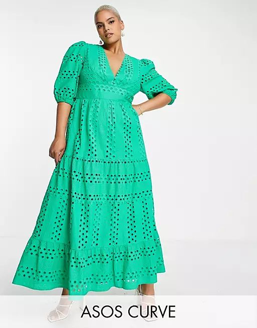 ASOS Curve plunge broderie tiered midi dress with button neck in green 							window.asos.perform... | ASOS (Global)