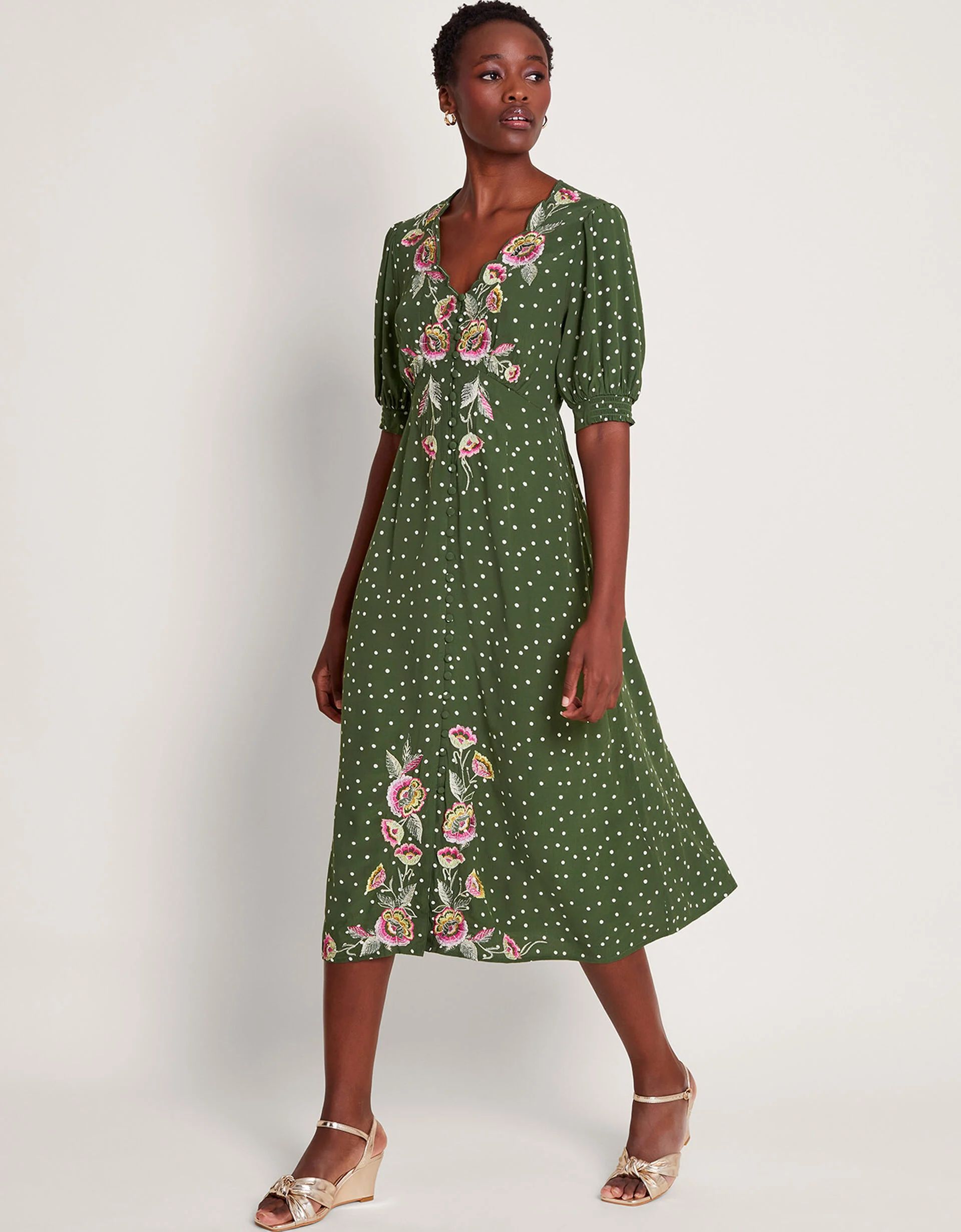 Myla Embroidered Tea Dress Green | Monsoon (UK)
