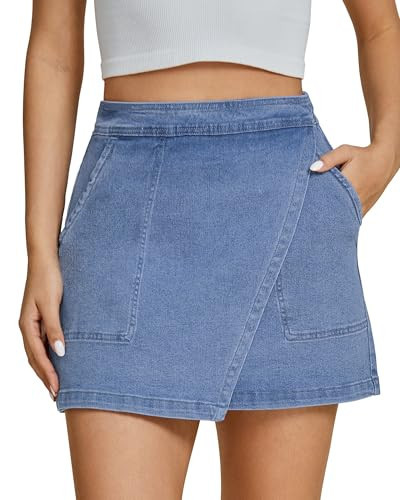 Luvamia High Waisted Denim Skirt - Women's Short Faux Wrap Skirt with Pockets - Stretchy Jean Skirt for Concert Outfit - Cool Blue Size XX-Large (US Size 20-22) | Amazon (US)