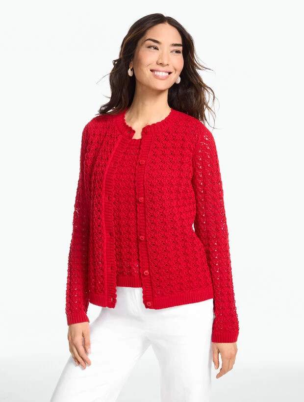 Textured Open Stitch Crewneck Cardigan | Talbots