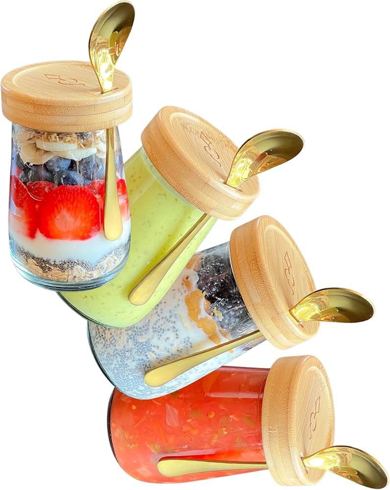 AYOS Premium Overnight Oats Containers with Bamboo Lids and Golden Spoons - 16 oz Glass Jars - 4 ... | Amazon (US)