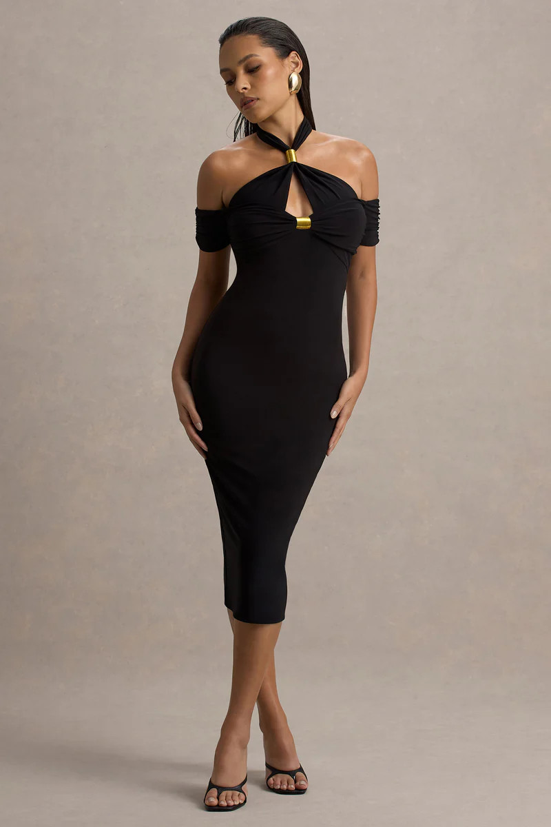 Selvina  Black Cut-Out Halter-Neck Midi Dress | Club L London