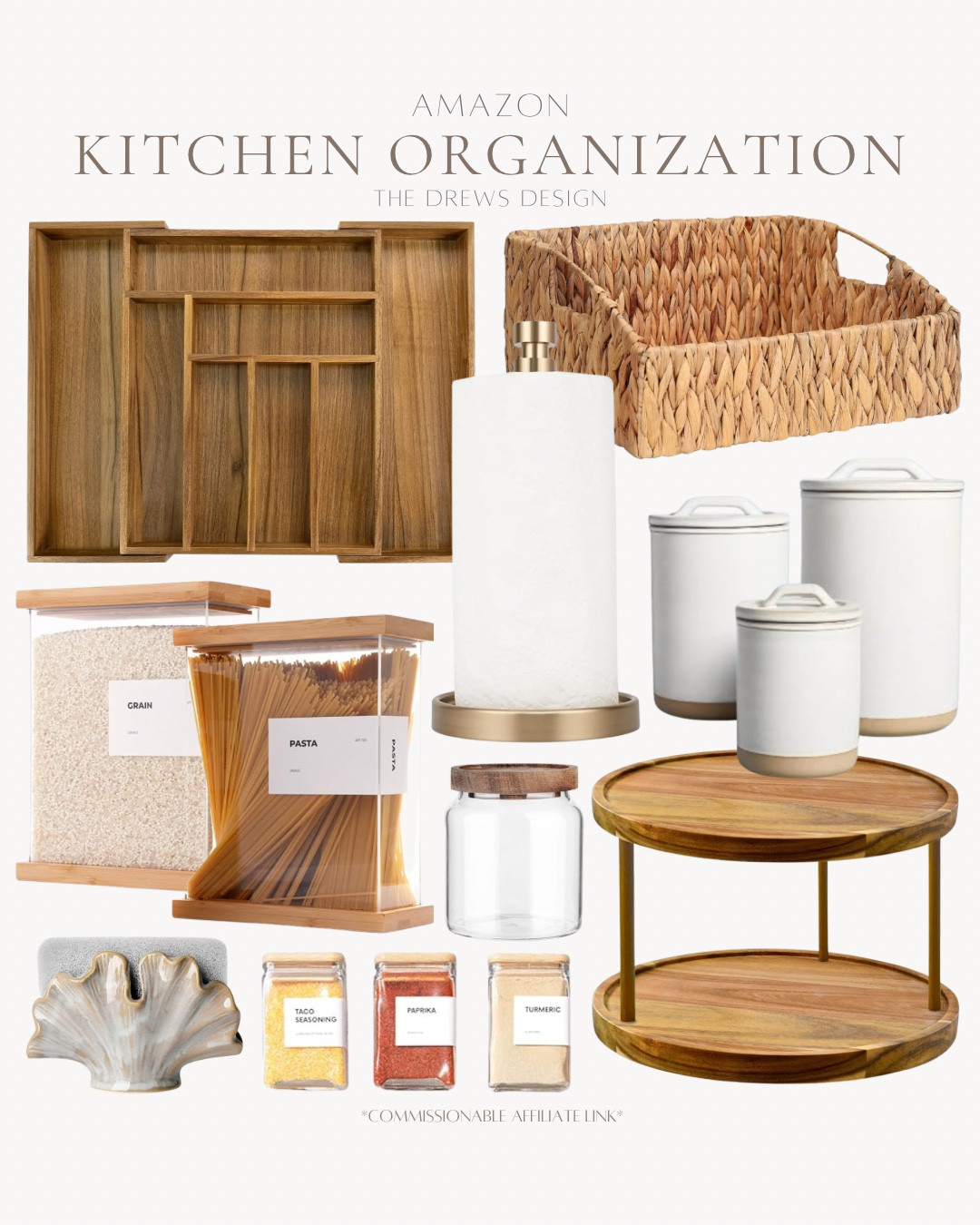 Kitchen organization includes woven basket, lazy Susan, canister set, paper towel holder, small canister, spice containers, sponge holder, drawer organizer, and food dispenser.

Home organization, kitchen organization, storage solutions 

#LTKFindsUnder50 #LTKFindsUnder100 #LTKHome