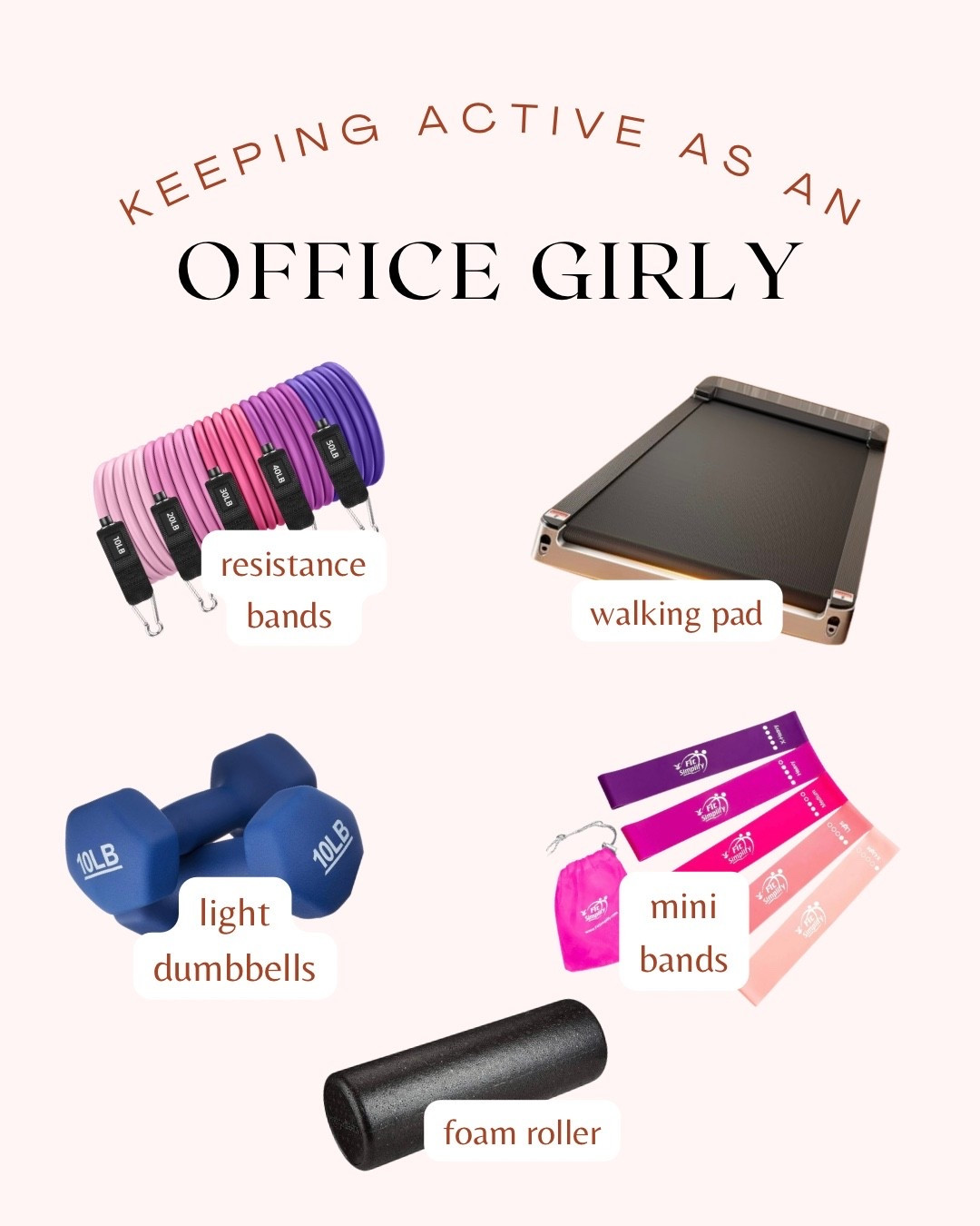 Is it extra? Yes. Do we care? ✨ no ✨ It is so easy to get wrapped up in administrative tasks when you work an office job, which can lead to 8+ hours of being sedentary. It is so important to take breaks and move your body, and not all of us have the opportunity to go on a walk outside. These items are tried and true and I love them being in my office. Taking 5 minute breaks throughout the day to stretch/use a foam roll, or to get in a few reps with the dumbbells/mini bands/resistance bands can make a huge difference in your lifestyle. And I won’t even get started on how much the walking pad has changed the game with my steps. Don’t let being an office girly allow you to become complaint with an inactive lifestyle! 

#LTKActive