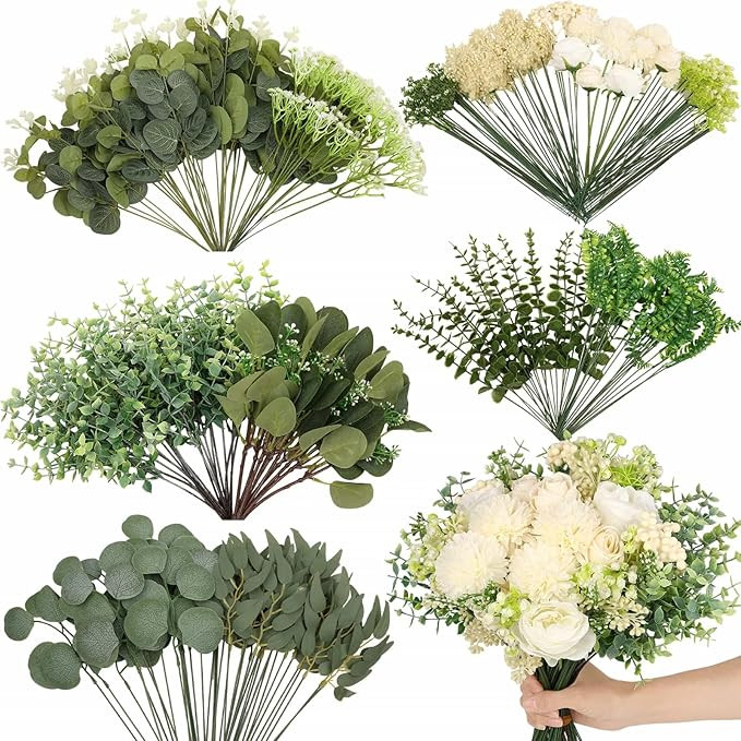 120Pcs 15 Kinds Mixed Artificial Eucalyptus Leaves Stems and Faux Flowers Bulk, Fake Silver Dolla... | Amazon (US)