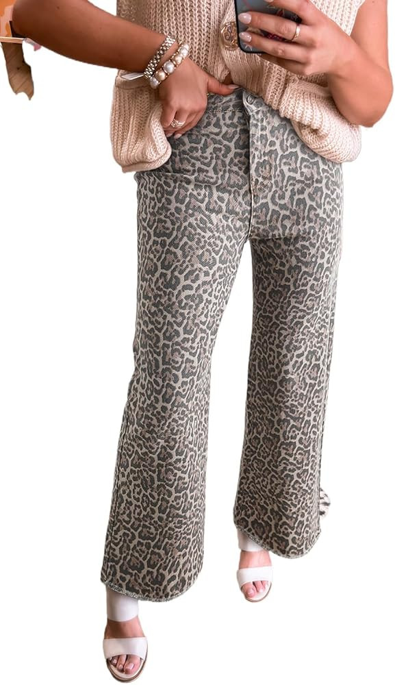 Women's High Waist Brown Leopard Frayed Edge Wide Leg Jeans | Amazon (US)