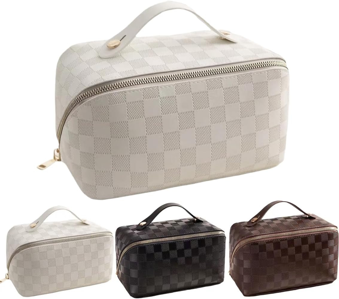 Large Capacity Brown Checkered Makeup Bags Portable Travel Cosmetic Bags Open-Flat Toiletry Bag f... | Amazon (US)