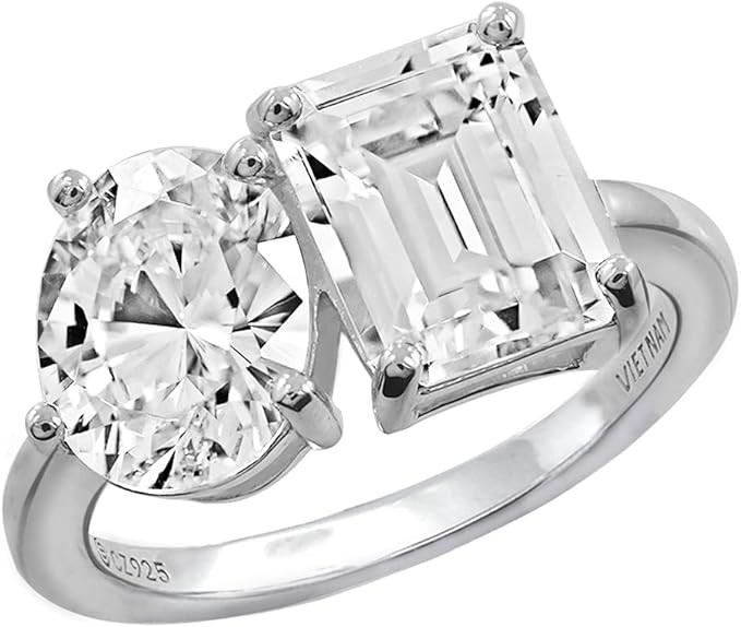 Diamonbliss Sterling Silver Cubic Zirconia Emerald & Oval Double Cut Ring | Amazon (US)