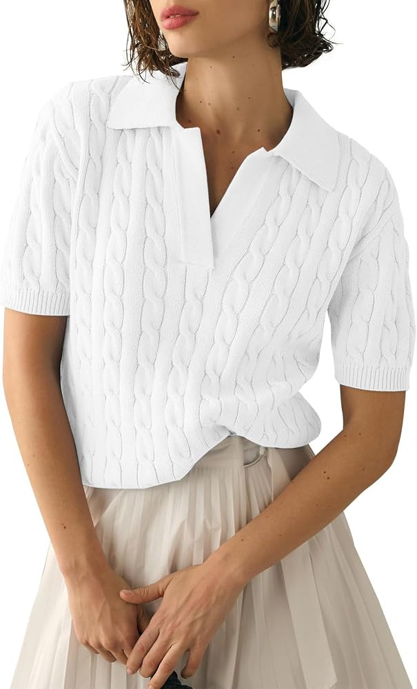Imily Bela Women's Cable Short Sleeve Sweaters Tops Solid Lapel V Neck Knit Casual Soft Pullover ... | Amazon (US)
