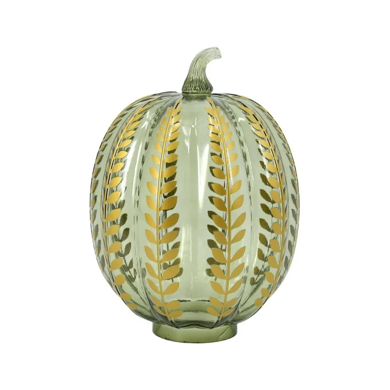 Glass Pumpkin with Leaf Print Tabletop Decor, Green & Gold, 9.75", Fall by Way To Celebrate - Wal... | Walmart (US)