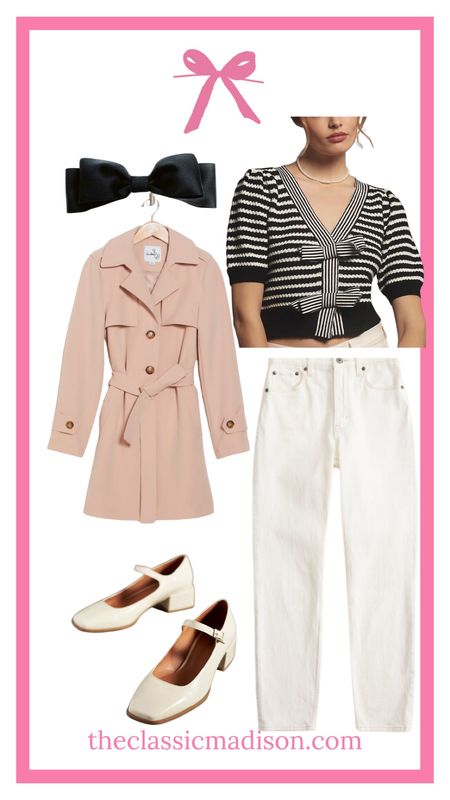 Preppy spring look with bows and pink trench coat. Black bow from grace and grandeur 