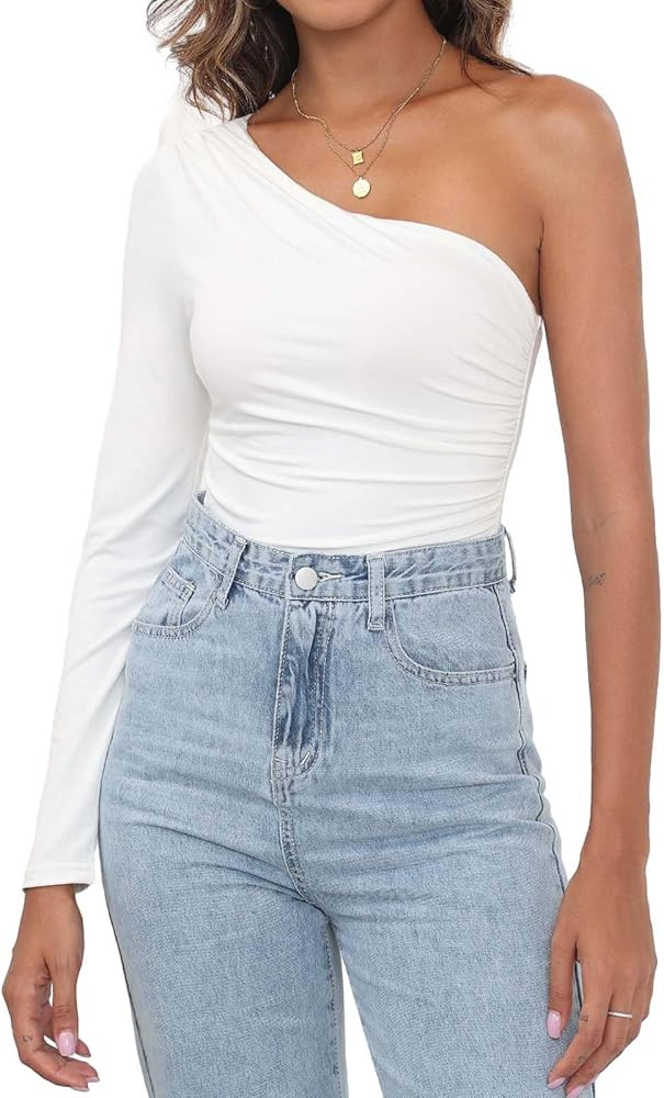 DEOLINA Womens One Shoulder Bodysuit Tops Cute Sexy Ruched Bodysuits Long One Sleeve Leotard | Amazon (US)