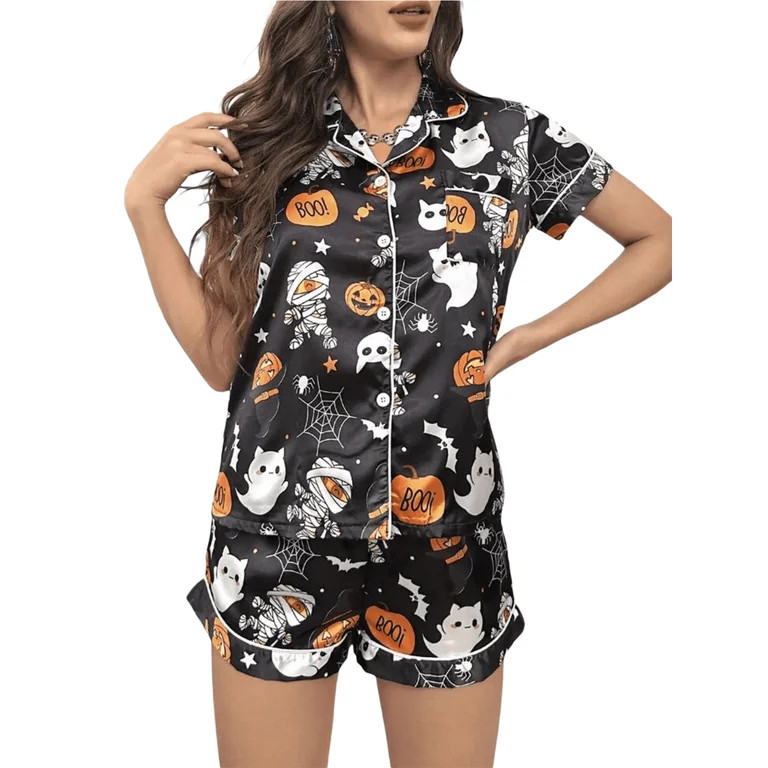 Hirigin Women Halloween Pajama Set, Ghost Pumpkin Print Top with Shorts | Walmart (US)