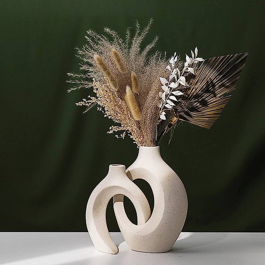DACOSTIC Hollow Ceramic Vase Set of 2 for Modern Home Decor, White Boho Donut Vases Nordic Minima... | Amazon (US)