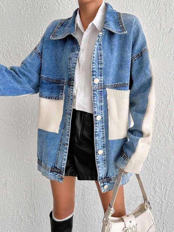 SHEIN PETITE Denim Jacket With Knitwear Detail Ou | SHEIN