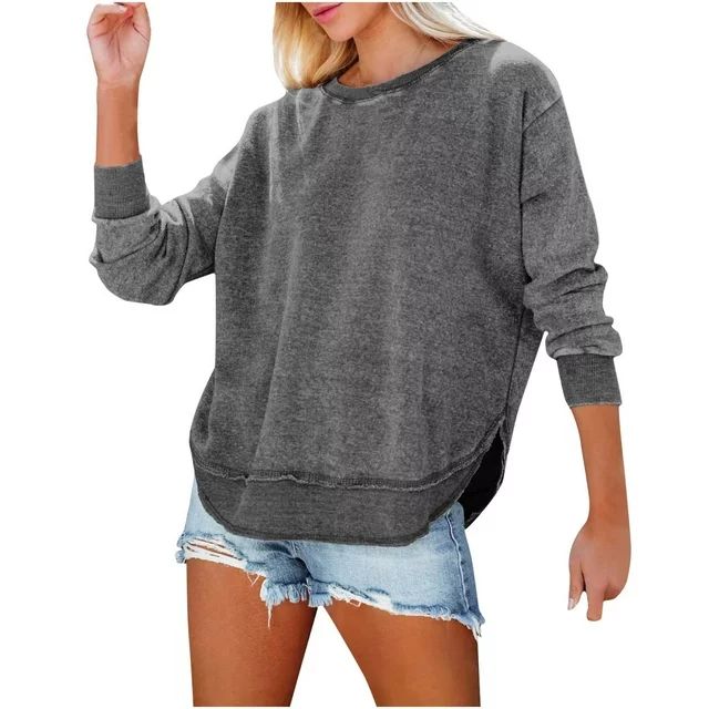 Brglopf Sweatshirt for Women Casual Solid Color Crew Neck Long Sleeve Side Split Tunic Tops Loose... | Walmart (US)