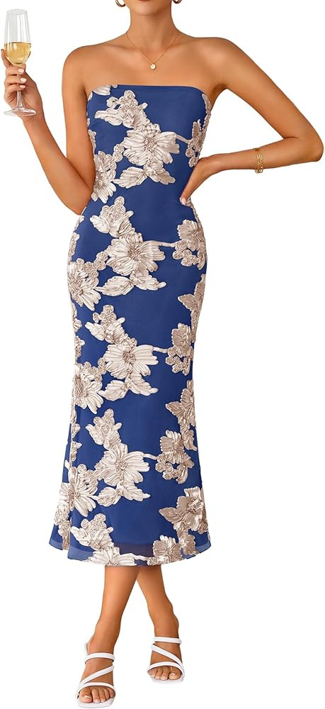 ZESICA Women's Summer Strapless Floral Midi Dress 2026 Bodycon Mesh Tube Wedding Guest Cocktail P... | Amazon (US)