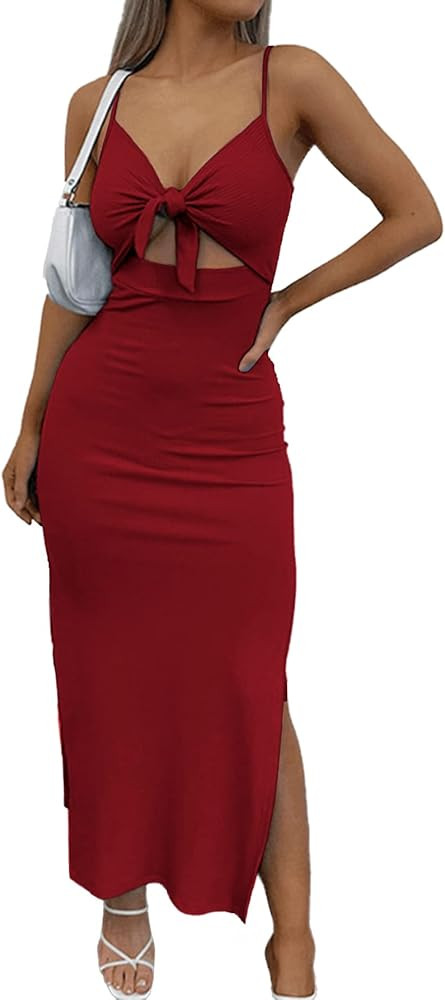 LYANER Women's Tie Knot Cut Out Side Split Hem Sleeveless Knit Bodycon Maxi Dress | Amazon (US)