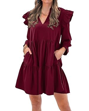 KIRUNDO Women's 2023 Fall Casual Ruffle Long Sleeve V Neck Mini Dress Loose Tiered Flowy Babydoll... | Amazon (US)