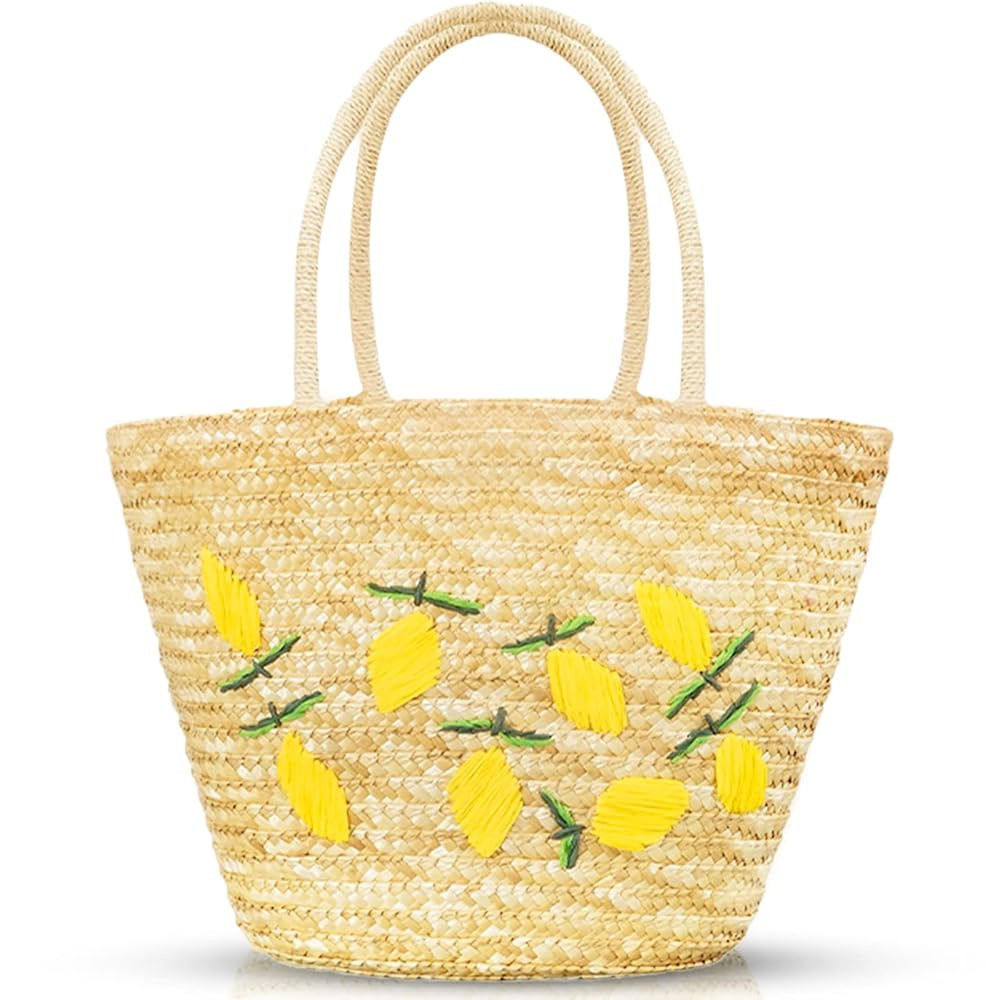 Summer Straw Bag, Beach Bag for Women, Handwoven Handbag Vintage Lemon Pattern Embroidery, Large ... | Amazon (US)