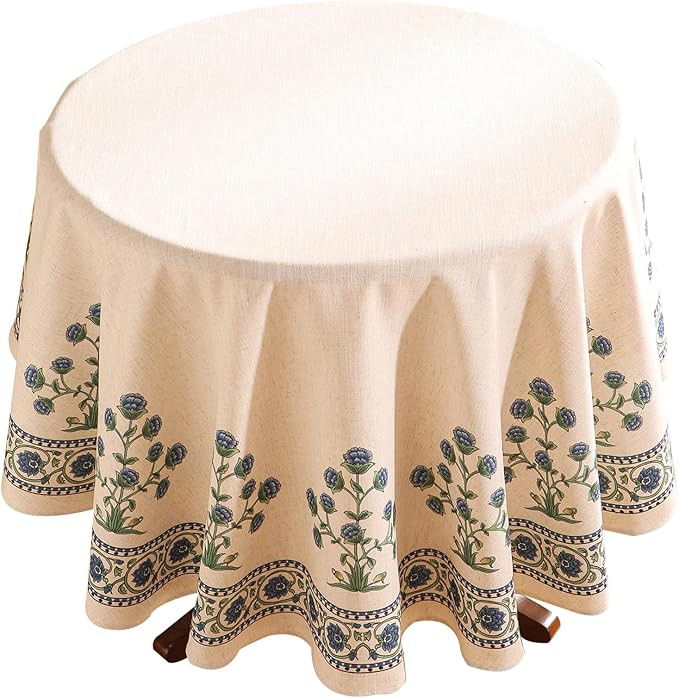 patdrea Designer Linen Blue Round Tablecloth,Vintage Leaves Pattern Floral Anti-Wrinkle Table Clo... | Amazon (US)