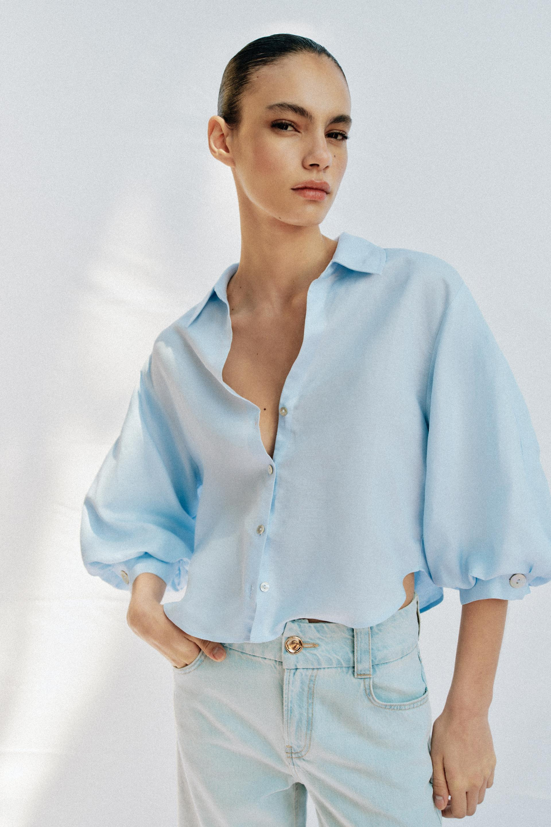 LINEN BLEND PUFF SLEEVE SHIRT | Zara US
