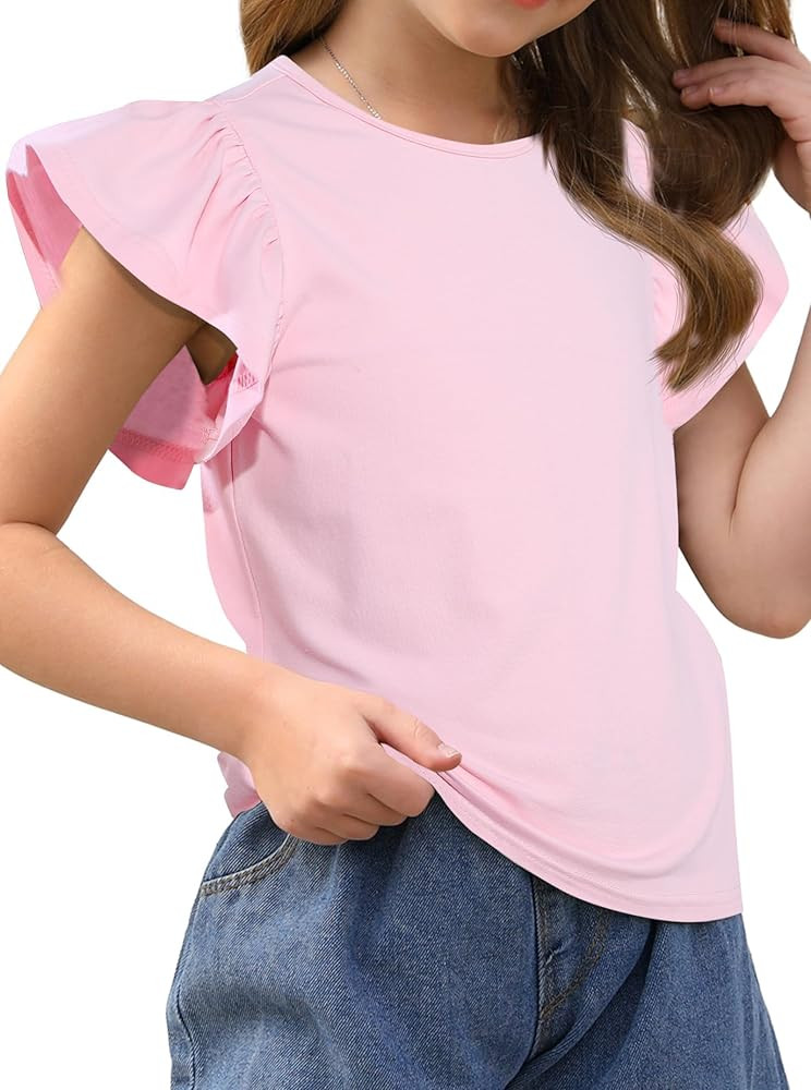 Girls' Summer Shirts Cute Tops Ruffle Sleeve Crew Neck Casual Tees | Amazon (US)