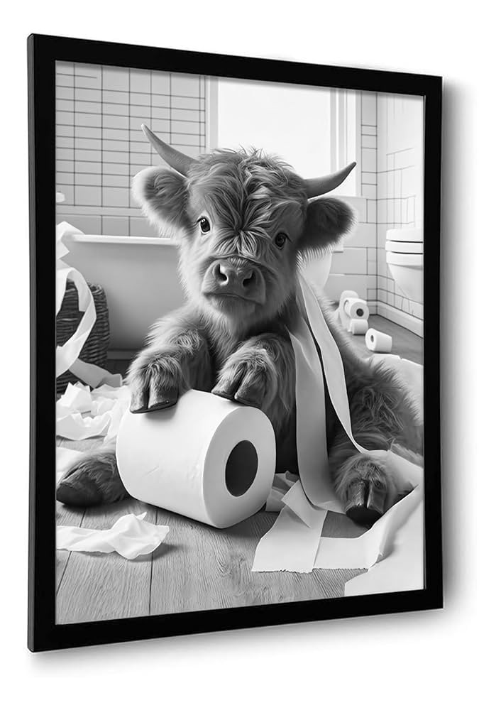 OIQArtOIQ Funny Bathroom Framed Wall Art Black and White Animal Canvas Wall Art Prints Highland C... | Amazon (US)