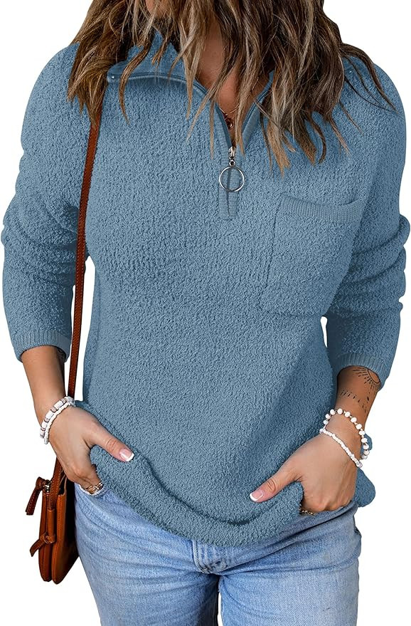 ZESICA Women’s Quarter Zip V Neck Long Sleeve Solid Color Sherpa Fuzzy Chunky Knit Pullover Swe... | Amazon (US)