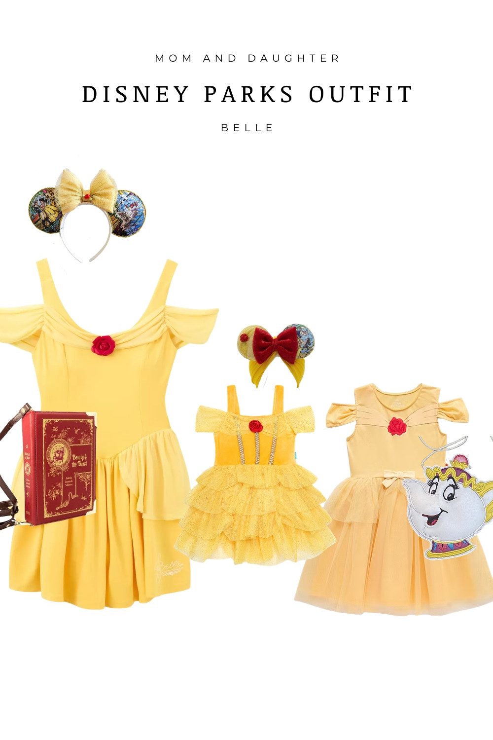  Mom and daughter Disney parks outfit inspired by Belle. This yellow dress Disneybound is perfect for a family day at the parks with matching Belle Minnie ears, a themed book bag inspired by Beauty and the Beast, and adorable toddler Belle dresses. A fun and comfortable Disney outfit idea for moms and kids visiting Disneyland Park or Magic Kingdom. Great for Disney trips, princess outfits, and coordinating family Disney looks.

 