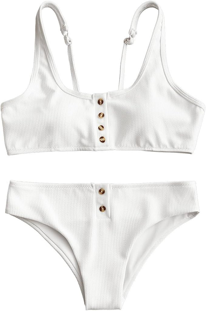 ZAFUL Buttons Bikini Set Ribbed Adjustable Straps Swimsuit Cheeky Bathing Suit | Amazon (US)
