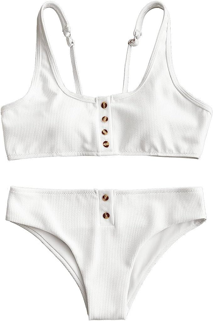 ZAFUL Buttons Bikini Set Ribbed Adjustable Straps Swimsuit Cheeky Bathing Suit | Amazon (US)