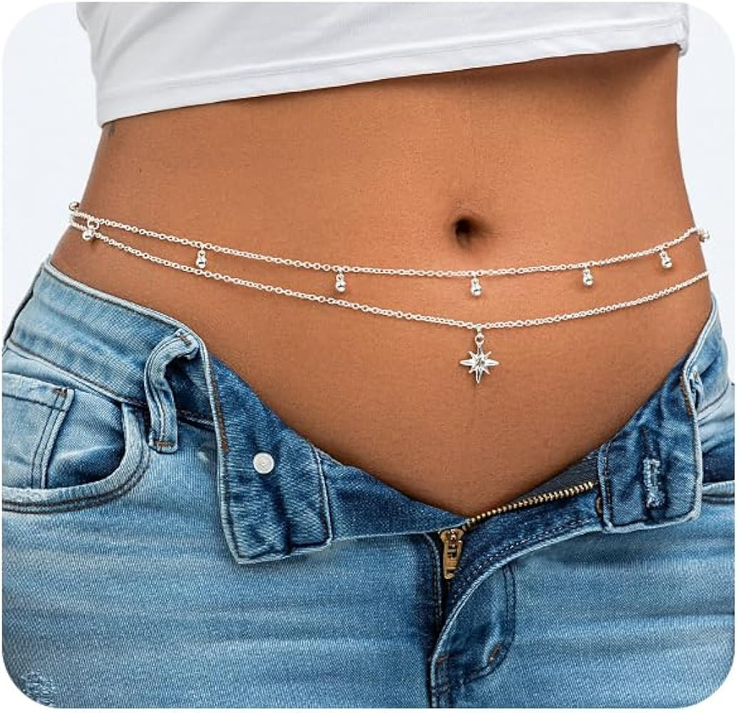 Layered Beads Waist Chain Gold/Silver Sun Belly Chain Bikini Body Chain Women Adjustable Beach Wa... | Amazon (US)