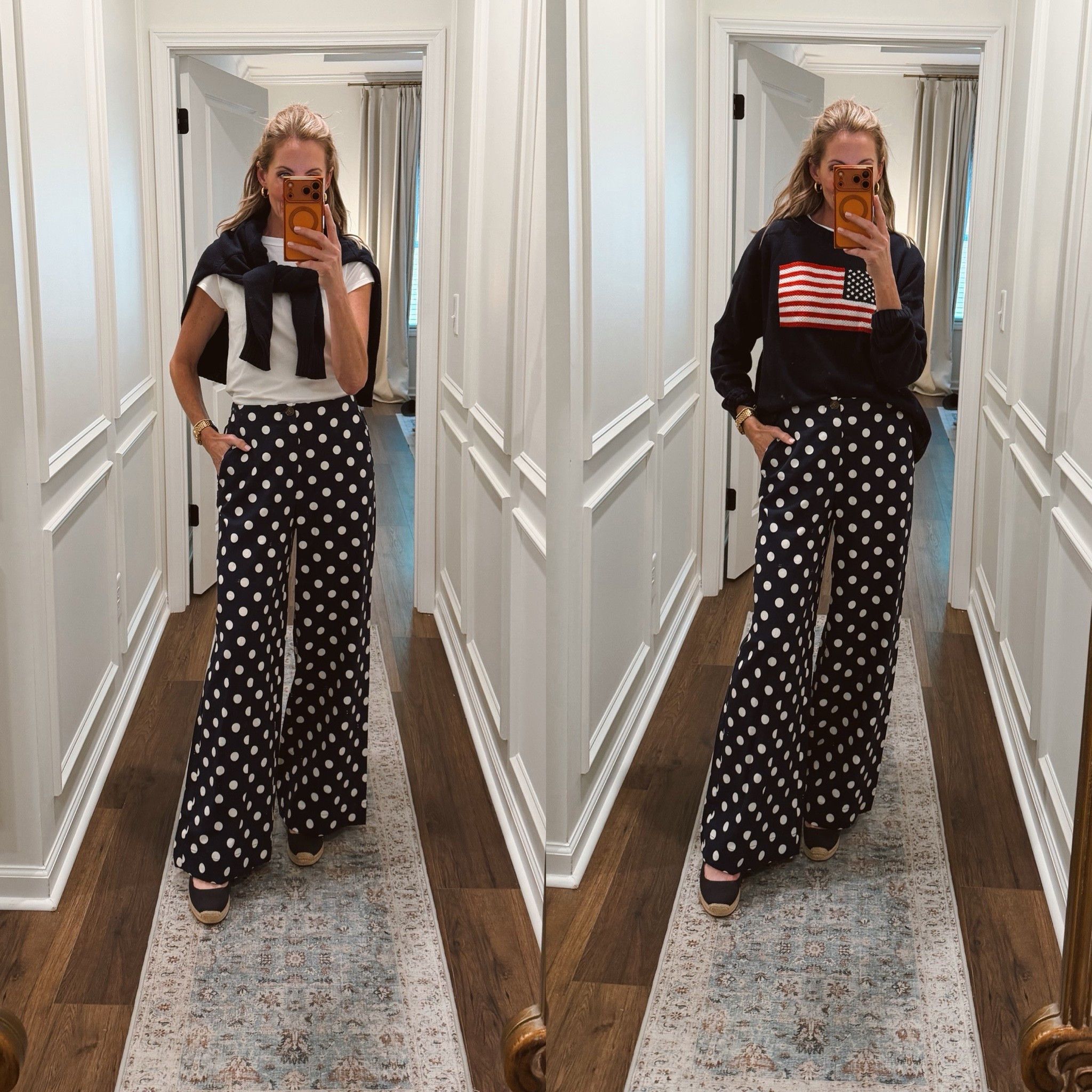 Target linen polkadot trousers size 2. $40. 
Walmart white tee $10 
American flag sweater prices vary. Linked options.