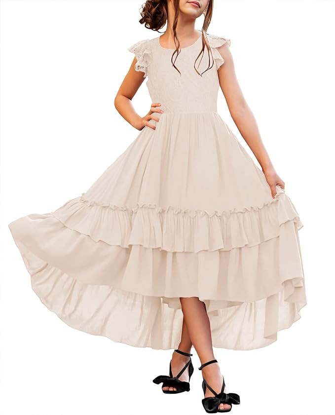 HOSIKA Girls Lace Boho Flower Girl Dress Ruffle Sleeve A-Line Formal Dresses for Wedding Party 6-... | Amazon (US)