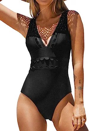 CUPSHE Women's One Piece Swimsuit V Neck Scalloped Trim Contrast Mesh Wide Straps Low Back | Amazon (US)