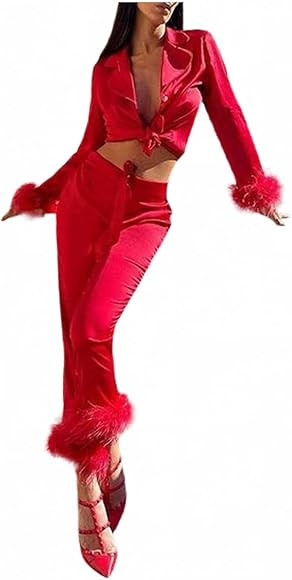 Women Satin Silk Pajamas Set Feather Trim Long Sleeve Button Down Tops+Long Pants 2 Piece Set Sle... | Amazon (US)