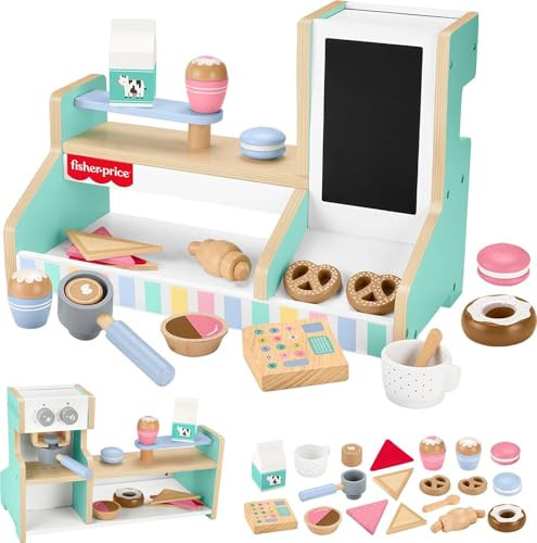 Fisher-Price Wood Pretend Play Coffee Shop & Toy Register, 20-Piece Wooden Food Playset for Preschool Kids Ages 3+ Years | Amazon (US)