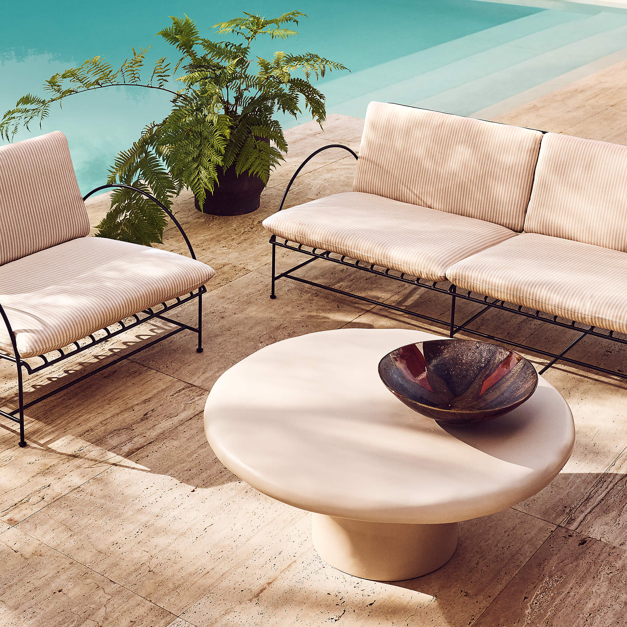 Costa 97" 3-Seat Black Metal Outdoor Sofa with Black and White Striped Sunbrella Cushions + Revie... | CB2