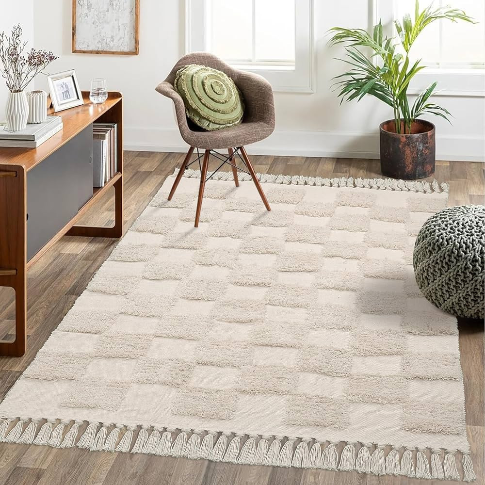 Lanffia 4x6 Bedroom Rug for Living/Kids Room, Washable Boho Checkerboard Rug Beige Nursery Rugs M... | Amazon (US)