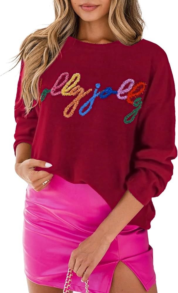 Women's 2023 Holly Jolly Round Neck Casual Sweater Casual Solid Slogan Long Sleeve Pullover Tops | Amazon (US)
