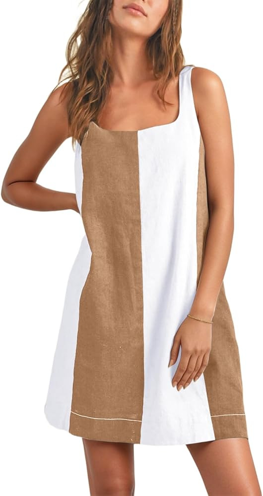 CHARTOU Women Summer Sleeveless Linen Dress Color Block Short Beach Vacation Tank Dress | Amazon (US)