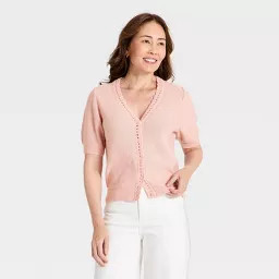 Women's Short Sleeve Heirloom V-Neck Cardigan Sweater - Universal Thread\u2122 Heather Pink XS | Target