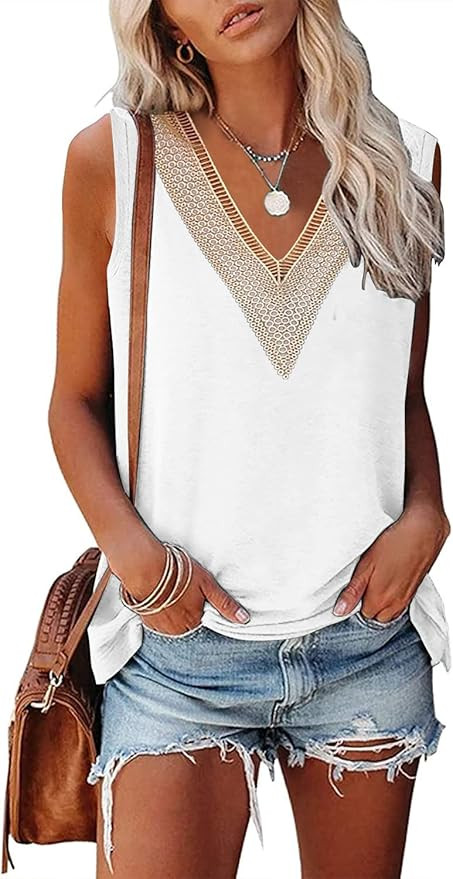 Womens Tank Tops V Neck Lace Floral Print Sleeveless Shirts Summer Fashion Blouses | Amazon (US)