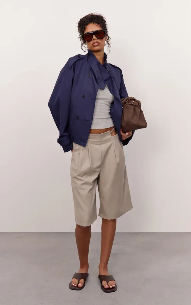 Navy Funnel Neck Balloon Hem Cropped Trench | PrettyLittleThing | PrettyLittleThing UK