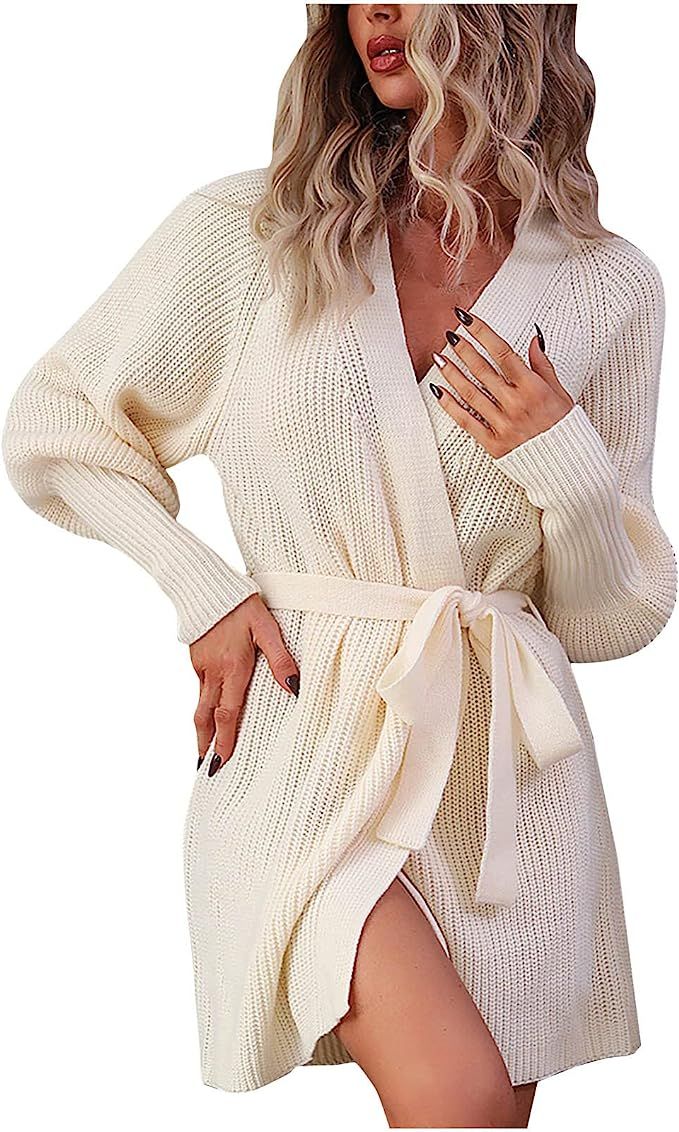 HGps8w Womens Wrap Tie Waist Cardigan Sweaters Lightweight Oversized Long Sleeve Open Front Knitt... | Amazon (US)